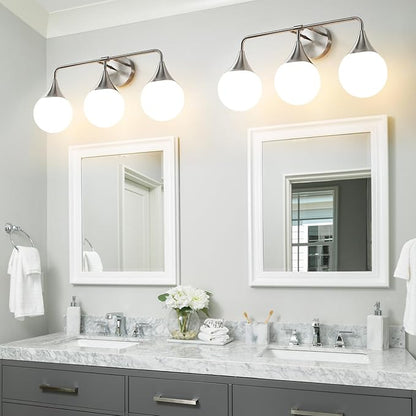 Bathroom Vanity Light Fixtures: Brushed Nickel 3-Light Mid Century Modern Bathroom Lighting Fixtures Over Mirror - Wall Sconce with Milky White Globe Glass for Bath Living Room