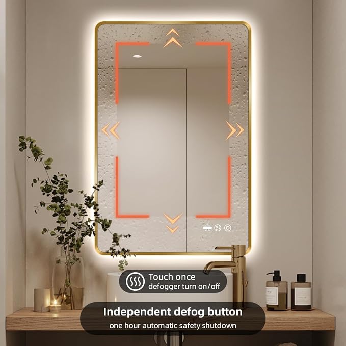 30" x 36" Gold LED Bathroom Mirror with Lights - Motion Sensor | Smart Backlit Mirror Bathroom, Anti-Fog, 3-Color Stepless Dimmable, Memory Function, Metal Framed Rounded-Corner Rectangle