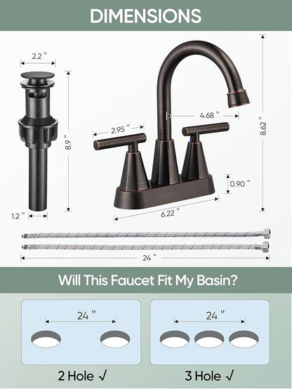 Cobbe Bathroom Faucets for Sink 3 Hole, 4 Inch with Pop Up Drain and 2 Supply Hoses, 2 Handle Centerset Bathroom Faucet for Sink Vanity, ORB, 2 Pack