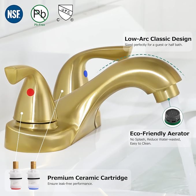 Brushed Gold Bathroom Faucet 4 Inch Centerset for Lavatory Sink | Mid Arc, 2 Handle Lead-Free RV Bathroom Faucet with Metal Pop Up Drain Supply Lines, for 2 or 3 Hole Lavatory Utility Sink