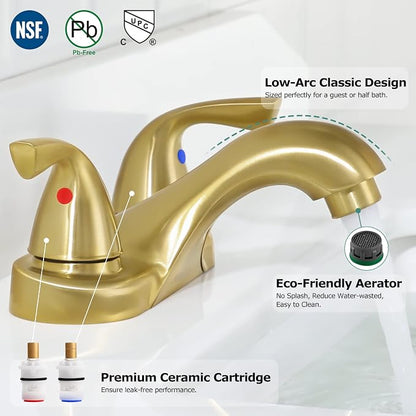 Brushed Gold Bathroom Faucet 4 Inch Centerset for Lavatory Sink | Mid Arc, 2 Handle Lead-Free RV Bathroom Faucet with Metal Pop Up Drain Supply Lines, for 2 or 3 Hole Lavatory Utility Sink
