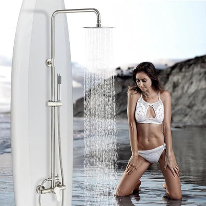 Rain Shower System Outdoor Shower Fixtures with 8" Rain Shower Head Handheld Sprayer Single Handle Wall Mounted Bathroom Shower Faucet Set Brushed Nickel for Bathroom or Backyard
