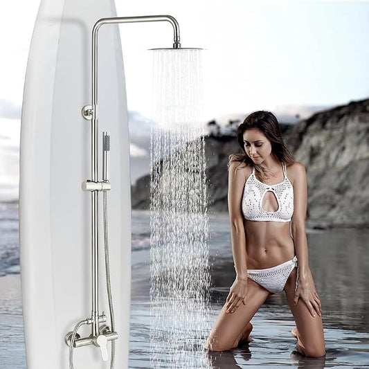 Rain Shower System Outdoor Shower Fixtures with 8" Rain Shower Head Handheld Sprayer Single Handle Wall Mounted Bathroom Shower Faucet Set Brushed Nickel for Bathroom or Backyard