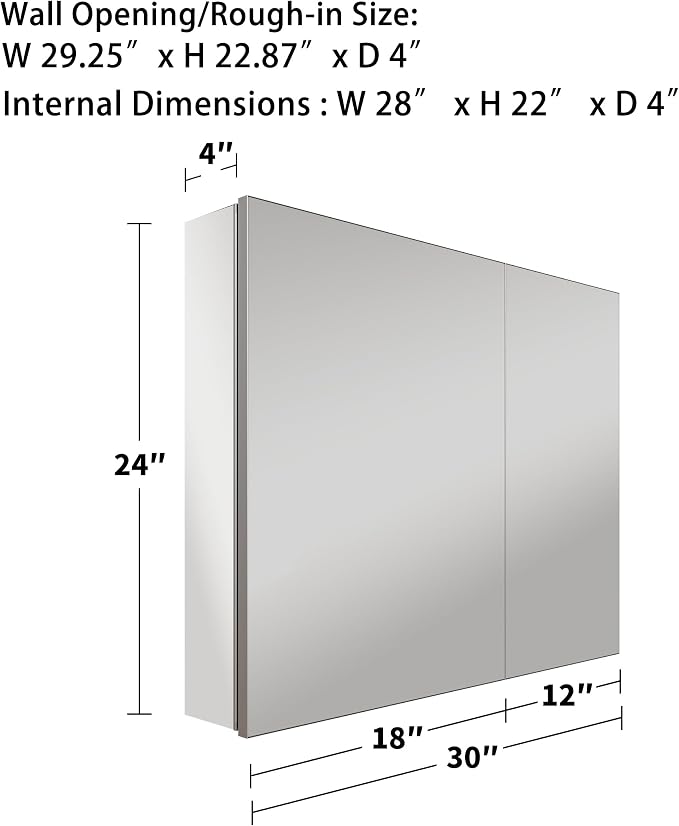 30x24 Inch Recessed Medicine Cabinet with Mirror, Aluminum Medicine Cabinet Mirror, Recessed or Surface Mount with 2 Adjustable Shelves Storage Organizer, Pre-Assembled Door, Soft-Closed System