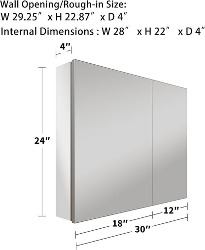 30x24 Inch Recessed Medicine Cabinet with Mirror, Aluminum Medicine Cabinet Mirror, Recessed or Surface Mount with 2 Adjustable Shelves Storage Organizer, Pre-Assembled Door, Soft-Closed System