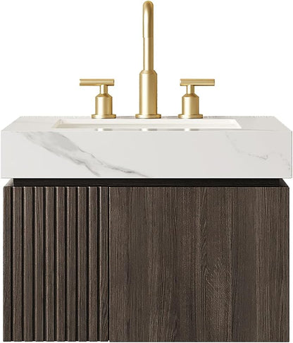 KEIKI 24 Inch Floating Bathroom Vanity with Sink, Espresso & White | Modern Wall Mounted Storage Cabinet with 2 Doors, Pre-assembled Wood Panels, Sintered Stone Top & Ceramic Basin Combo Set