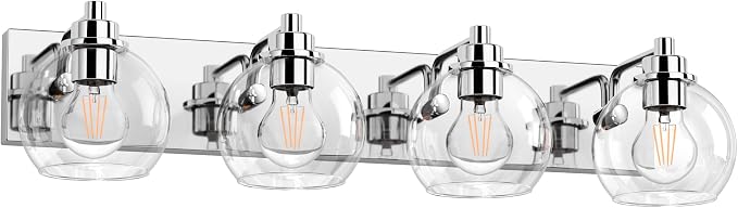 4 Light Bathroom Light Fixtures-Chrome Bathroom Vanity Lights, Modern Vanity Lights 4-Light Bathroom Lighting Fixtures Over Mirror with Clear Glass Globe Shade