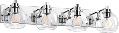 4 Light Bathroom Light Fixtures-Chrome Bathroom Vanity Lights, Modern Vanity Lights 4-Light Bathroom Lighting Fixtures Over Mirror with Clear Glass Globe Shade