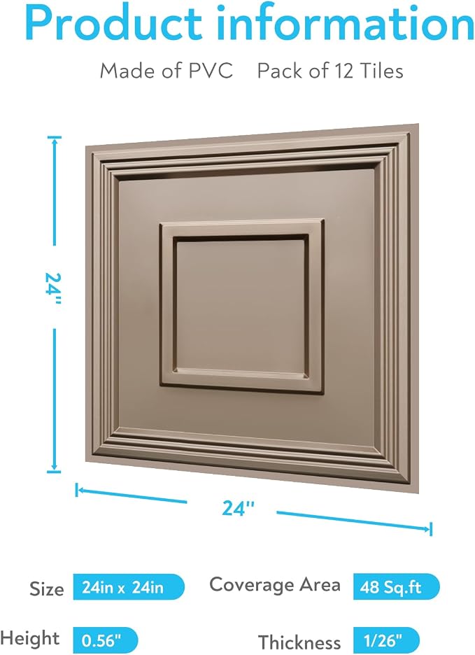 STICKGOO Glue-Up Ceiling Tiles, Golden Coffee, 24 x 24 in, 12 Pack | 2 x 2ft Drop ceiling panels, PVC decorative ceiling tiles, covers 48 sq ft, waterproof, lightweight
