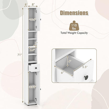 GIANTEX 71” Tall Slim Bathroom Storage Cabinet (White) | Narrow Floor Cabinet with 2 Doors, 5 Adjustable Shelves, 1 Drawer, Anti-Tipping Device for Small Spaces, Living Room, Kitchen