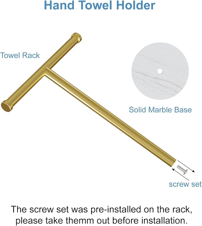 Hand Towel Holder for Bathroom Vanity, Freestanding Towel Stand, Gold | T-shape Stainless Steel Towel Rack with Heavy Marble Base for Hand Towels on Bathroom Vanities, Guest Baths or Counters