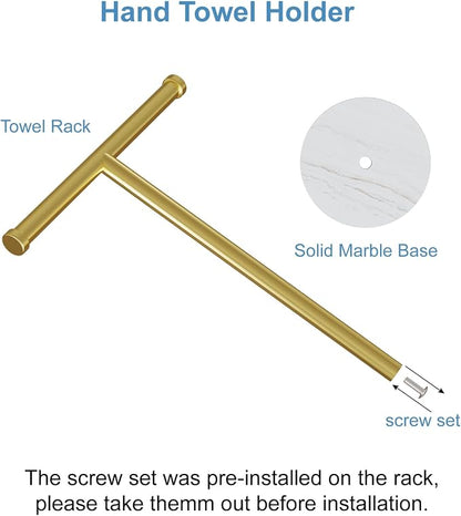 Hand Towel Holder for Bathroom Vanity, Freestanding Towel Stand, Gold | T-shape Stainless Steel Towel Rack with Heavy Marble Base for Hand Towels on Bathroom Vanities, Guest Baths or Counters