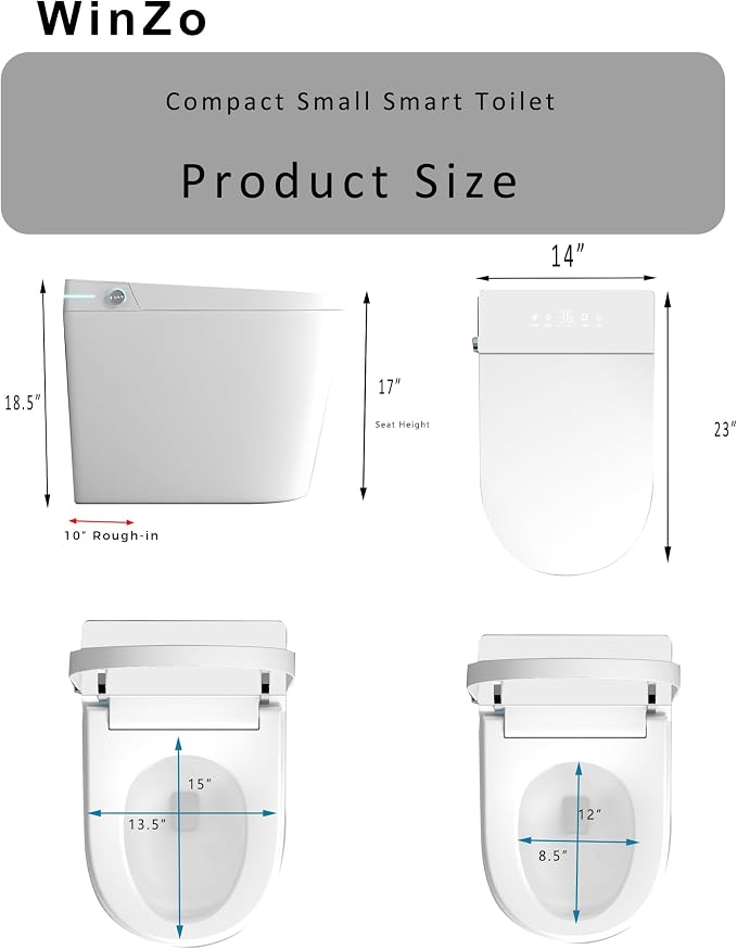 WinZo 23" Compact Smart Toilet with Bidet Seat Built-in For Small Bathroom, Auto Flush, LED Night Light,Heated Bidet with Warm Air Drying (White with Black Panel) (12'' Rough-in White)