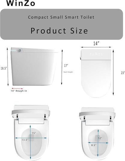 WinZo 23" Compact Smart Toilet with Bidet Seat Built-in For Small Bathroom, Auto Flush, LED Night Light,Heated Bidet with Warm Air Drying (White with Black Panel) (12'' Rough-in White)
