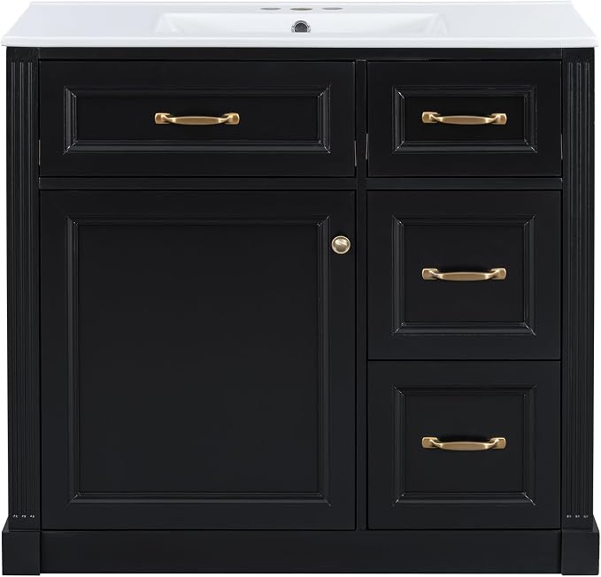36" Bathroom Vanity with Ceramic Sink,Modern Freestanding Storage Cabinet w/Soft-Close Door and 2 Tip-Out & 2 Drawers,Undermount Single Basin Bath Vanity Set w/Adjustable Shelf,Black