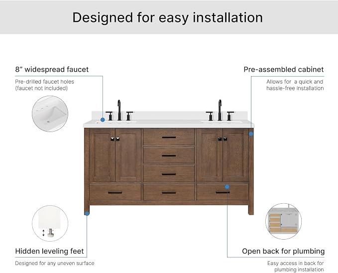 ARIEL Cambridge 66-inch Bathroom Vanity with Sink,Solid Wood, 1.5-inch Pure White Quartz Countertop, Double Rectangular Porcelain Sink, 4 Soft Closing Doors, 6 Dovetail Drawers, Brown Oak