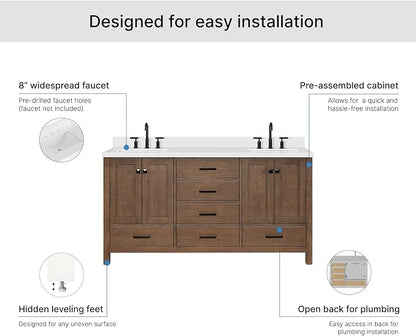 ARIEL Cambridge 66-inch Bathroom Vanity with Sink,Solid Wood, 1.5-inch Pure White Quartz Countertop, Double Rectangular Porcelain Sink, 4 Soft Closing Doors, 6 Dovetail Drawers, Brown Oak