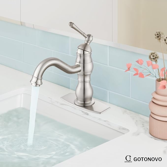 gotonovo Bathroom Faucet 1 Hole Vintage,Brushed Nickel,7.1” Spout Reach | Bathroom Sink Faucet for 1 or 3 Hole Single Handle,Deck Plate,360° Swivel Spout,Pop Up Drain,cUPC Supply Hoses,for Vanity RV