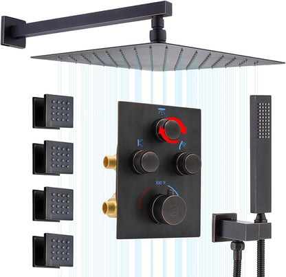 Thermostatic Shower System with Body Jets, Wall Mounted 12 Inch Rain Shower Head with Handheld Spray and 4 Body Jets Set, Push Button Thermostatic Shower Brass Valve, Oil Rubbed Bronze