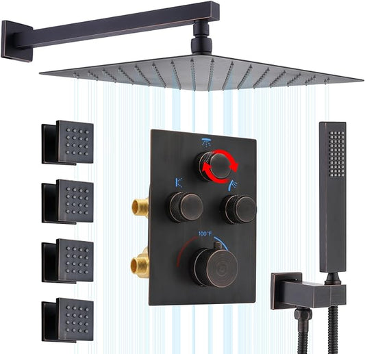 Thermostatic Shower System with Body Jets, Wall Mounted 12 Inch Rain Shower Head with Handheld Spray and 4 Body Jets Set, Push Button Thermostatic Shower Brass Valve, Oil Rubbed Bronze