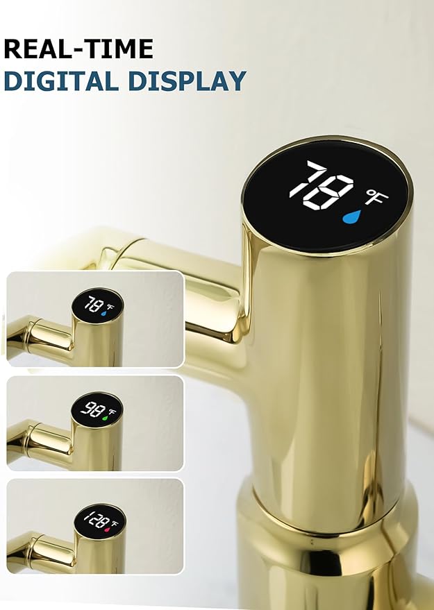 Lefton Rotatable Bathroom Faucet with Temperature Display in Fahrenheit (Batteries-Free), 3 Water Outlet Modes, Polished Gold, BF2204-5