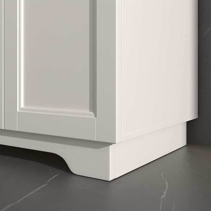 OLD CAPTAIN Bathroom Vanity with Ceramic Sink, Wooden Double Door Bathroom Storage Vanity with 24 Inch, Milky White Finish