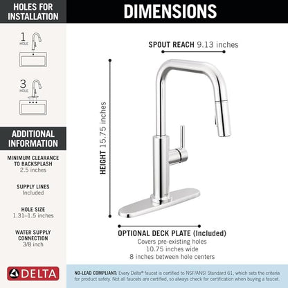 Delta Nicoli Chrome U-Spout Kitchen Faucet with Pull Down Sprayer, Modern Single Hole Kitchen Sink Faucet, Single Handle, Chrome 19868LF