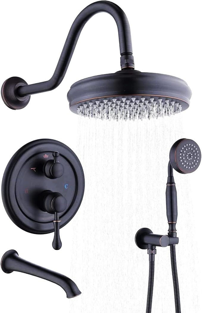 Enga Antique Brass Tub Shower Faucet Fixture Shower System, 8inch Wall Mount Rain Shower with Spout and Hand Spray,Oil Rubbed Bronze