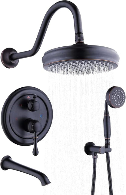 Enga Antique Brass Tub Shower Faucet Fixture Shower System, 8inch Wall Mount Rain Shower with Spout and Hand Spray,Oil Rubbed Bronze