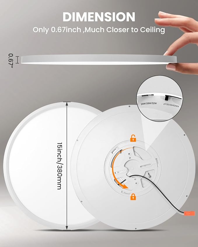 15Inch LED Flush Mount Ceiling Light, Dimmable and 5CCT Selectable, 0.67in Ultra-Slim, 24W/28W/32W Selectable, No Flicker, Ceiling Light Fixture for Kitchen, Bathroom, 15 Inch 1Pack White