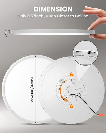 15Inch LED Flush Mount Ceiling Light, Dimmable and 5CCT Selectable, 0.67in Ultra-Slim, 24W/28W/32W Selectable, No Flicker, Ceiling Light Fixture for Kitchen, Bathroom, 15 Inch 1Pack White