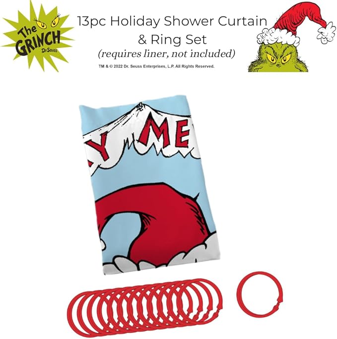 Dr. Seuss The Grinch Holiday 13-Piece Shower Curtain Set, 72 x 72 Inch Fabric Curtain with Hooks, Bathroom Decor, Machine Washable, (100% Officially Licensed Product) by Franco Collectibles