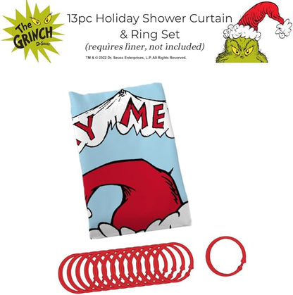 Dr. Seuss The Grinch Holiday 13-Piece Shower Curtain Set, 72 x 72 Inch Fabric Curtain with Hooks, Bathroom Decor, Machine Washable, (100% Officially Licensed Product) by Franco Collectibles
