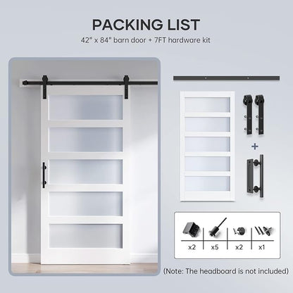 42x84 Inch Glass Sliding Barn Door Slab and 7ft Hardware Kit Included, 5 Frosted Glass, LVL Wood Panel Covered with White Water-Proof Scratch-Proof PVC Surface, Simple DIY Assembly