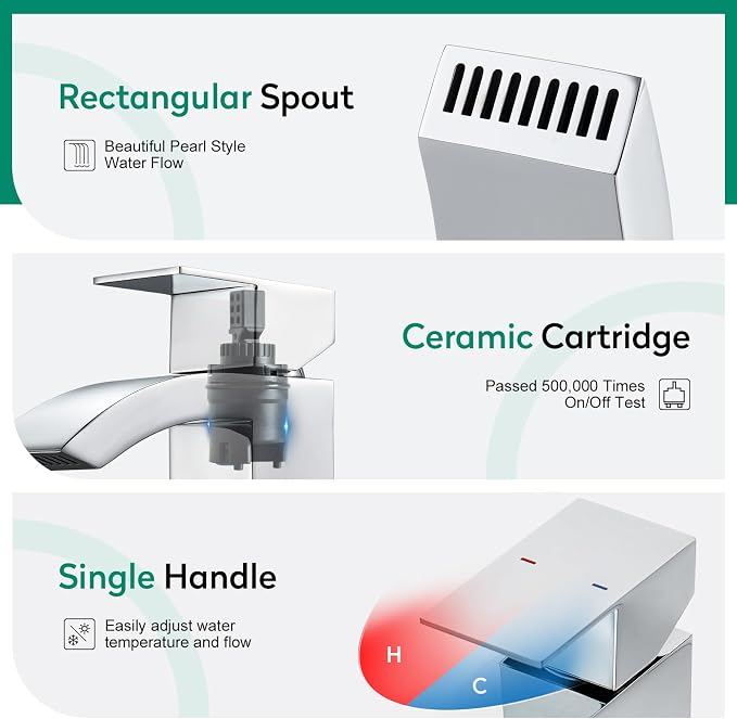 CREA Chrome Waterfall Bathroom Faucet Single Hole,Chrome Bathroom Sink Faucet 1 Hole Single Handle Bathroom Faucet with Pop Up Drain Stopper/ 3 Hole Plate Stainless Steel RV Vanity Faucet