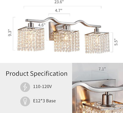 WUZUPS 3-Light Bathroom Light Fixture Morden Vanity Wall Sconces Light Clear Crystal Drop for Bedroom Living Room, E12 Base, Nickel