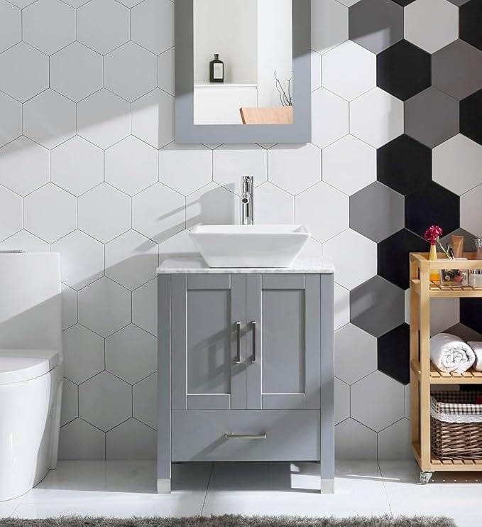 24" Gray Bathroom Vanity with Sink Combo, Solid Wood Cabinet with Ceramic Sink, Marble Countertop, Chrome Faucet, Mirror, Painted Finish