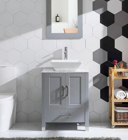 24" Gray Bathroom Vanity with Sink Combo, Solid Wood Cabinet with Ceramic Sink, Marble Countertop, Chrome Faucet, Mirror, Painted Finish