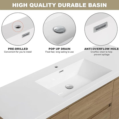 Wall Mounted 60 Inch Bathroom Vanity with Sink, Floating Vanity Bathroom, Single Sink Bathroom Vanity, 2 Drawers, 2 Soft Closing Doors, Resin Integrated Sink (Natural Oak)