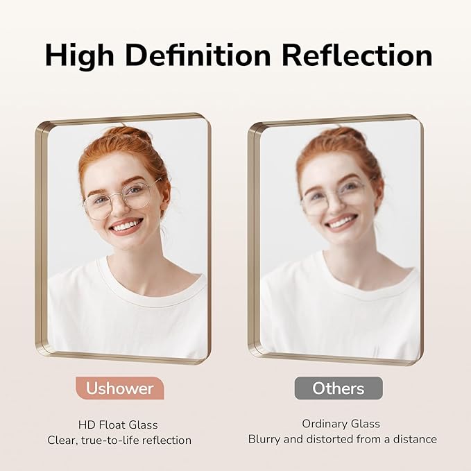 USHOWER Gold Bathroom Mirror 22"x30", Brushed Gold Rectangle Mirror for Over Sink, Aluminum Frame, Anti-Rust, Tempered Glass, Horizontal or Vertical Mounted, Champagne Gold (Neutral Gold)