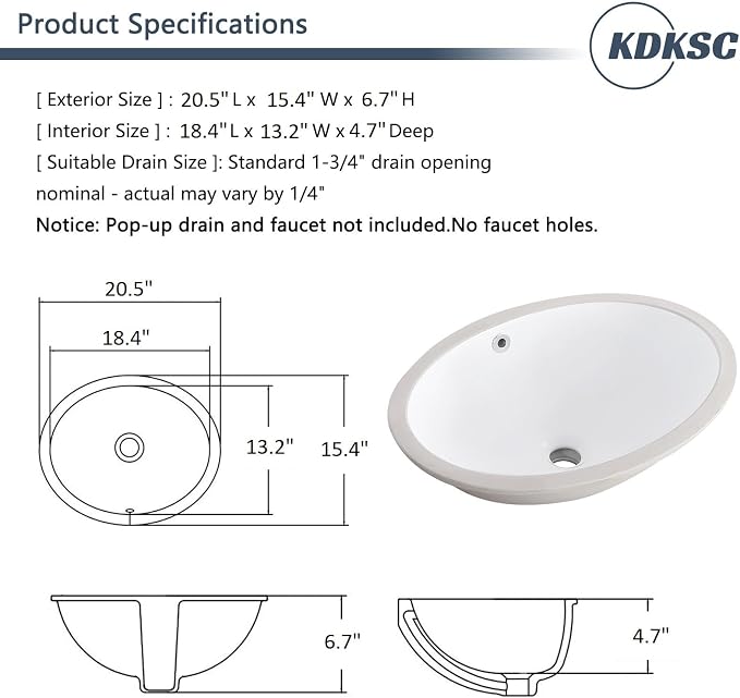 Undermount Bathroom Sink 20.5"x15.4" Oval White Ceramic with Overflow | Porcelain Ceramic Bathroom Sinks Under Counter Basin 20 Inch