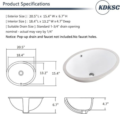 Undermount Bathroom Sink 20.5"x15.4" Oval White Ceramic with Overflow | Porcelain Ceramic Bathroom Sinks Under Counter Basin 20 Inch