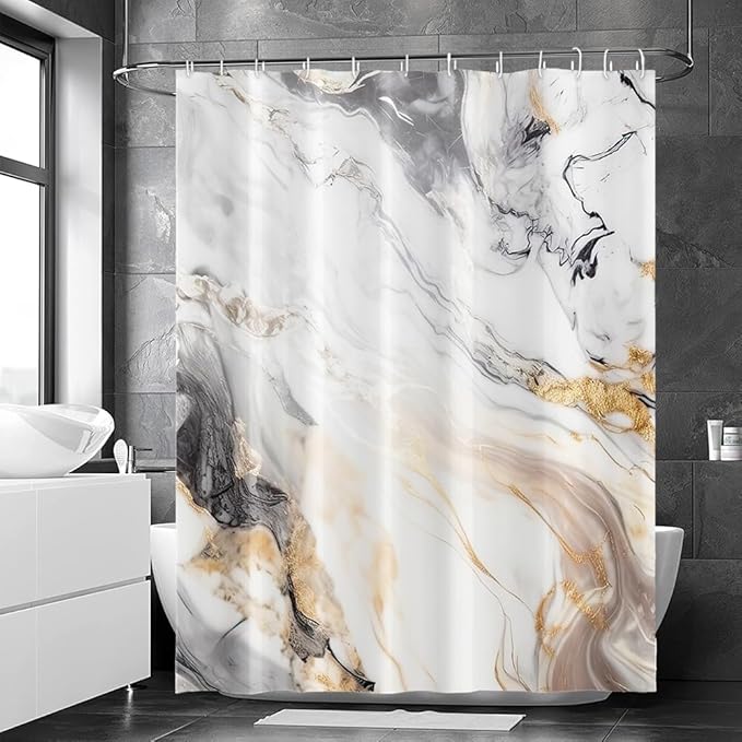 Grey and White Shower Curtain, Modern Grey Marble Shower Curtain for Bathroom Aesthetic Waterproof Shower Curtain Set with Hooks, 72x72 Inch