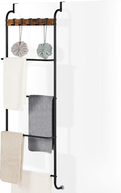 Over the Door Towel Rack Over The Door Towel Bar for Bathroom | Back of Door Towel Rack, 5 Tier Over The Door Towel Bar with Hooks, Black Door Rack Hanger, Stable Suction Cup Design