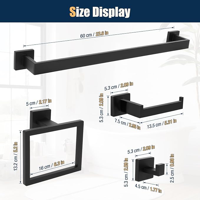 10 Pcs Matte Black Bathroom Hardware Accessories Set 23.6 Inch Wall Mounted | Bath Towel Bar Kit with Square Towel Racks Ring and Towel Hooks, Paper Holder, 304 Stainless Steel