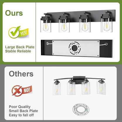 Black Bathroom Light Fixtures, 4 Lights Bathroom Lighting Fixtures Over Mirror, Square Design & Rectangle Large Backplate, Modern Vanity Lighting Fixtures, for Bathroom/Living Room/Bedroom