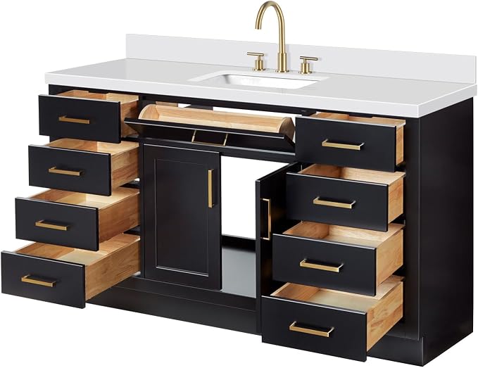 ARIEL Hepburn 60-inch Bathroom Vanity with Sink,Solid Wood, 1.5-inch Pure White Quartz Countertop & Backsplash, Single Rectangular Porcelain Sink, 2 Soft Closing Doors, 9 Dovetail Drawers, Black