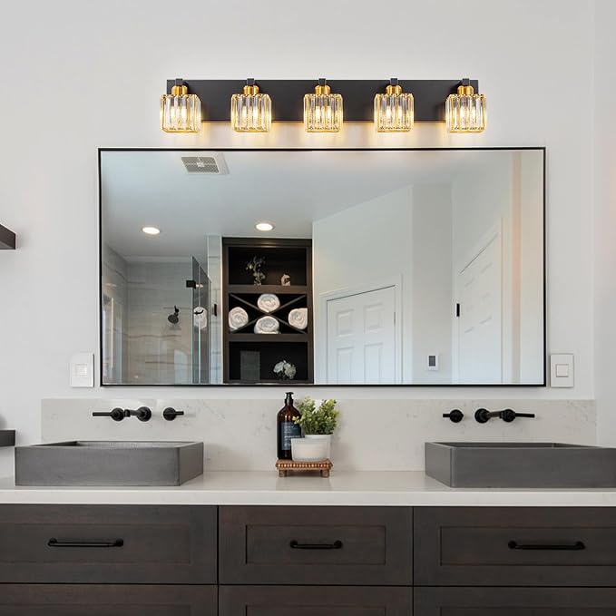 Crystal Black Gold Bathroom Vanity Light, 5-Lights Bathroom Lighting Fixtures Over Mirror Modern Glam Crystal Wall Lighting with Square Shade