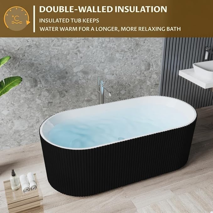 67" Freestanding Bathtub, Acrylic Soaking Tub with V Shape Pleated Design, Chrome Drain & Classic Slotted Overflow, CUPC Certified, Black and White for Modern Bathroom