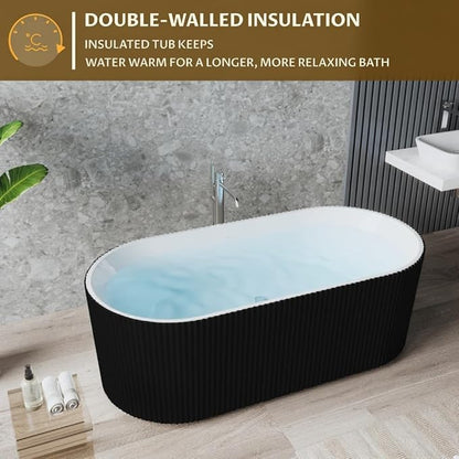 67" Freestanding Bathtub, Acrylic Soaking Tub with V Shape Pleated Design, Chrome Drain & Classic Slotted Overflow, CUPC Certified, Black and White for Modern Bathroom